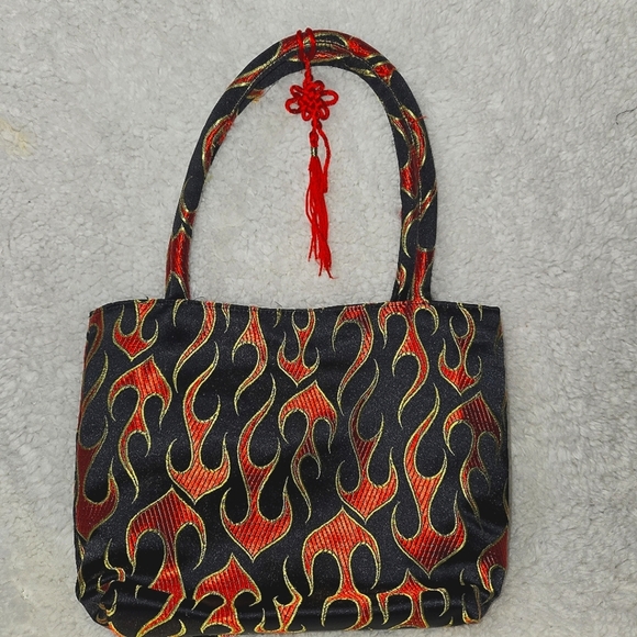 Cute Mini Bag w/ Black Red Gold Flames on Silk Brocade w/ Asian Symbol & snaps - Picture 8 of 11